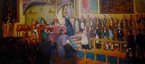 A painting by Chilean painter Luis Vergara Ahumada depicting the signing of the Declaration of Independence of Central America in Guatemala by Father José Matías Delgado in 1821.