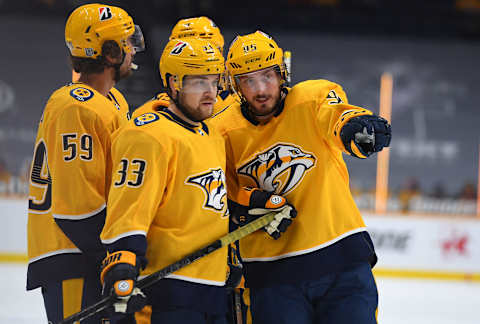 Nashville Predators center Matt Duchene (95) talks with right wing Viktor Arvidsson (33) . Mandatory Credit: Christopher Hanewinckel-USA TODAY Sports