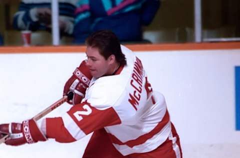 1992: Brad McCrimmon #2 of the Detroit Red Wings skates against the Toronto Maple Leafs . (Photo by Graig Abel/Getty Images)