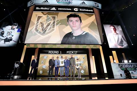 Payton Krebs reacts after being selected seventeenth overall by the Vegas Golden Knights during the first round of the 2019 NHL Draft at Rogers Arena on June 21, 2019.