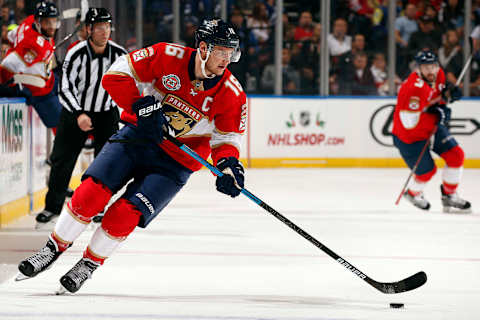 SUNRISE, FL – DECEMBER 1: Aleksander Barkov #16 of the Florida Panthers skates with the puck against the Tampa Bay Lightning at the BB&T Center on December 1, 2018 in Sunrise, Florida. (Photo by Eliot J. Schechter/NHLI via Getty Images)