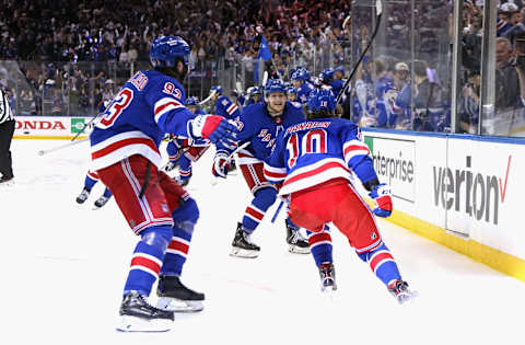 NEW YORK, NEW YORK – MAY 15: Artemi Panarin #10 of the New York Rangers celebrates his game winning overtime goal against the Pittsburgh Penguins in Game Seven of the First Round of the 2022 Stanley Cup Playoffs at Madison Square Garden on May 15, 2022 in New York City. (Photo by Bruce Bennett/Getty Images)