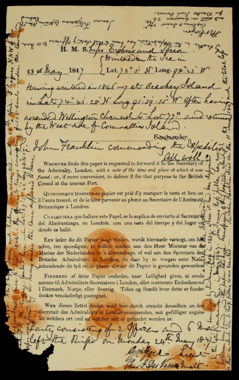 The note found during McClintock's 1859 expedition.