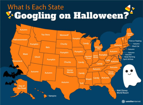 A map of common Halloween Google search terms according to state.