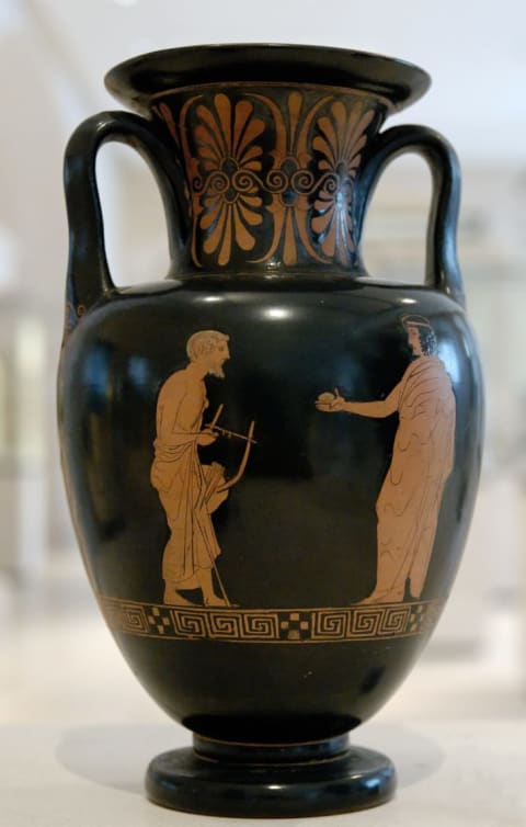 A student and his music teacher, holding a lyre—potentially Herakles and Linos.