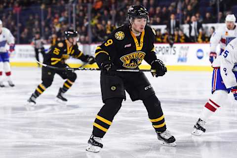 LAVAL, QC – MARCH 07: Look on Providence Bruins right wing Zach Senyshyn (9) during the Providence Bruins versus the Laval Rocket game on March 07, 2018, at Place Bell in Montreal, QC (Photo by David Kirouac/Icon Sportswire via Getty Images)