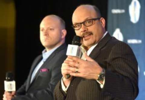 Mar 2, 2016; Toronto, Ontario, Canada; Team North America general manager Peter Chiarelli gestures as he speaks to media while associate general manager Stan Bowman listens during a press conference for the upcoming 2016 World Cup of Hockey at Intercontinental Hotel. Mandatory Credit: Dan Hamilton-USA TODAY Sports