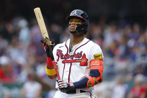 ATLANTA, GA – MAY 23: Ronald Acuna Jr. #13 of the Atlanta Braves comes to bat during the first inning against the Los Angeles Dodgers at Truist Park on May 23, 2023 in Atlanta, Georgia. (Photo by Todd Kirkland/Getty Images)