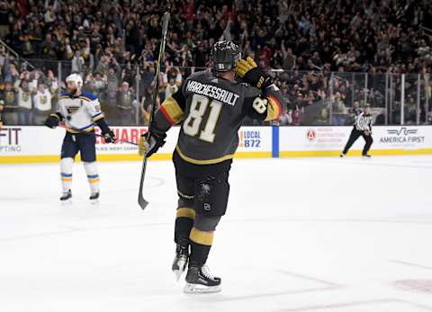 Jonathan Marchessault of the Vegas Golden Knights reacts after scoring a power-play goal in overtime to defeat the St. Louis Blues 6-5 during their game at T-Mobile Arena on February 13, 2020. (Photo by Ethan Miller/Getty Images)