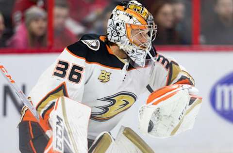 OTTAWA, ON – FEBRUARY 07: Anaheim Ducks Goalie John Gibson (36) makes a save during warm-up before National Hockey League action between the Anaheim Ducks and Ottawa Senators on February 7, 2019, at Canadian Tire Centre in Ottawa, ON, Canada. (Photo by Richard A. Whittaker/Icon Sportswire via Getty Images)