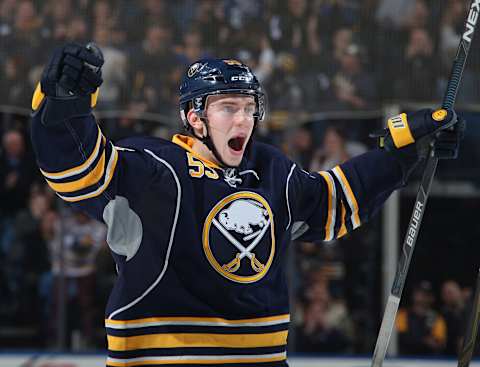 BUFFALO, NY – NOVEMBER 07: Rasmus Ristolainen #55 of the Buffalo Sabres celebrates a goal against the Vancouver Canucks at First Niagara Center on November 7, 2015 in Buffalo, New York. (Photo by Jen Fuller/Getty Images)