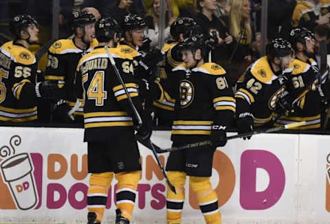 NHL Power Rankings: Boston Bruins left wing Anton Blidh (81) is congratulated after scoring a goal during the third period against the New York Islanders at TD Garden. Mandatory Credit: Bob DeChiara-USA TODAY Sports