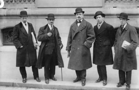 Filippo Tommaso Marinetti (center) and his fellow Italian Futurists in Paris in 1912.