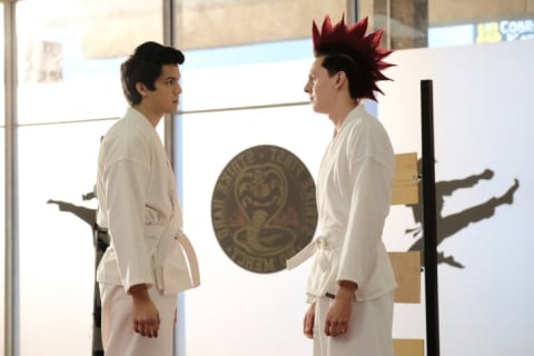 Xolo Maridueña and Jacob Bertrand in Cobra Kai.