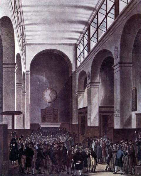 An illustration of the London Stock Exchange in 1810.