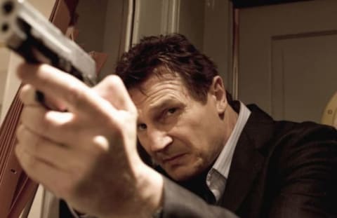 Liam Neeson as Bryan Mills in Taken (2008).