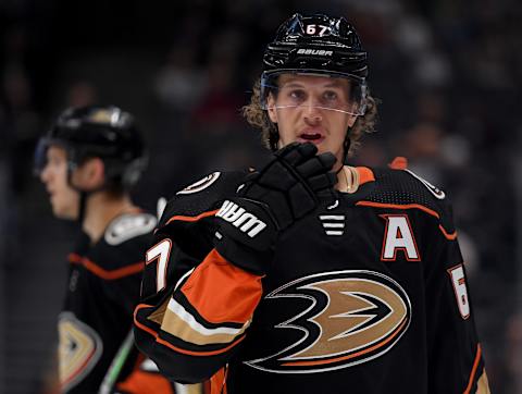 ANAHEIM, CALIFORNIA – SEPTEMBER 24: Rickard Rakell #67 of the Anaheim Ducks during a 4-1 win over the San Jose Sharks in a preseason game at Honda Center on September 24, 2019 in Anaheim, California. (Photo by Harry How/Getty Images)