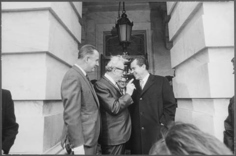 Vice President Spiro Agnew (left), Senator Dirksen (middle), and President Richard Nixon (right).