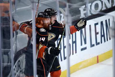 Anaheim Ducks center Adam Henrique (14) celebrates with center Trevor Zegras (46) Mandatory Credit: Kelvin Kuo-USA TODAY Sports