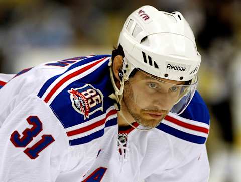 PITTSBURGH – NOVEMBER 15: Alexander Frolov #31of the New York Rangers looks on during warm ups before play against the Pittsburgh Penguins at Consol Energy Center on November 15, 2010 in Pittsburgh, Pennsylvania. (Photo by Justin K. Aller/Getty Images)