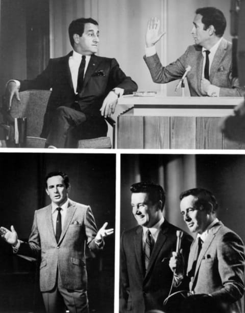 Publicity shots from The Joey Bishop Show, including guest Danny Thomas, host Joey Bishop, and announcer/sidekick Regis Philbin.