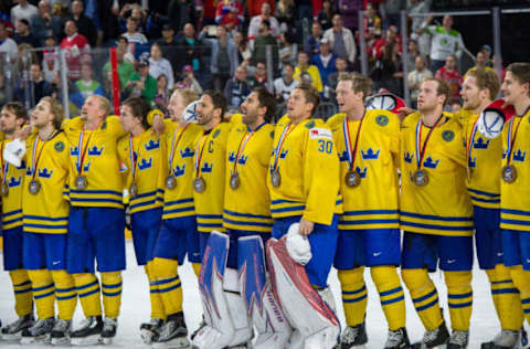 COLOGNE, GERMANY – MAY 21: Team Sweden sings the national anthem during the Ice Hockey World Championship Gold medal game between Canada and Sweden at Lanxess Arena in Cologne, Germany, on May 21, 2017. (Photo by Robert Hradil/Icon Sportswire via Getty Images)