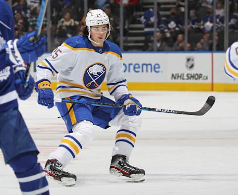 TORONTO, ON – APRIL 12: Owen Power #25 of the Buffalo Sabres skates in his 1st NHL game against the Toronto Maple Leafs at Scotiabank Arena on April 12, 2022 in Toronto, Ontario, Canada. The Sabres defeated the Maple Leafs 5-2. (Photo by Claus Andersen/Getty Images)