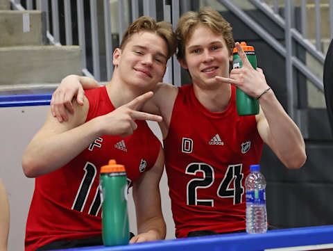 BUFFALO, NY – JUNE 1: Vasily Podkolzin (left) and Roman Bychkov (right) pose for a photo during the 2019 NHL Scouting Combine on June 1, 2019 at Harborcenter in Buffalo, New York. (Photo by Bill Wippert/NHLI via Getty Images)