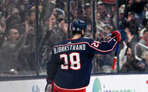 Apr 24, 2022; Columbus, Ohio, USA; Columbus Blue Jackets right wing Oliver Bjorkstrand (28) celebrates after scoring the go-ahead goal against the Edmonton Oilers in the third period at Nationwide Arena. Mandatory Credit: Gaelen Morse-USA TODAY Sports