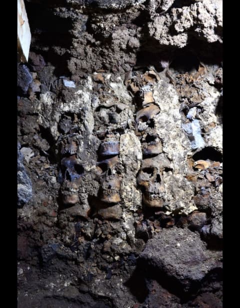 Skulls embedded in the limestone wall of Huei Tzompantli.