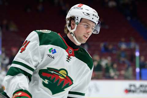 VANCOUVER, CANADA – DECEMBER 10: Samuel Walker #74 of the Minnesota Wild skates during warm-up prior to his first NHL game against the Vancouver Canucks at Rogers Arena on December 10, 2022 in Vancouver, British Columbia, Canada. (Photo by Derek Cain/Getty Images)