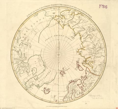 This 1808 map, showing the known lands to a distance of 30 degrees from the North Pole, reveals how much geographers knew about the Arctic regions in the early 19th century. The northern coastlines of Europe and Russia (right) are charted, while the northern parts of Greenland and North America (left) are blank spaces.