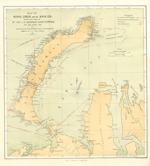 This 1877 map shows the curved shape of Novaya Zemlya, the islands that Dutch explorer William Barents tried to get around on his search for a Northeast Passage.