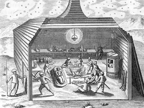 An undated engraving shows the inside of Barents's hut on Novaya Zemlya.