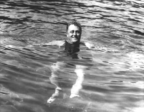 Franklin Delano Roosevelt swimming in Warm Springs, Georgia.