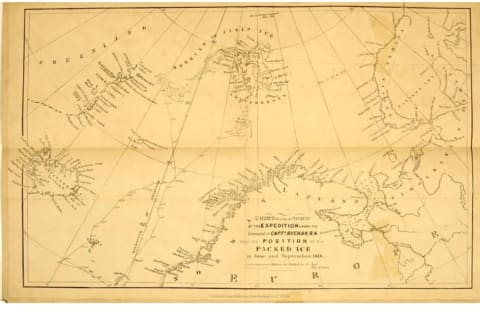 This map by Frederick William Beechey illustrates the region explored by the HMS Dorothea and HMS Trent on its 1818 expedition toward the North Pole.