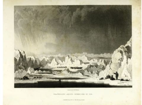 In this illustration from William Edward Parry's account of his 1827 North Pole expedition, men are shown hauling boats on sledges among ice hummocks.