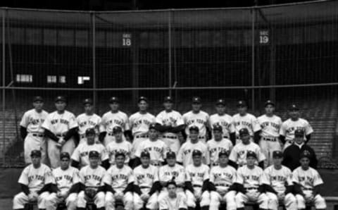 The 1939 New York Yankees. (first row) Warren “Buddy” Rosar, Charlie Keller, Spurgeon “Spud” Chandler, Jake Powell, coach Arthur Fletcher, manager Joe McCarthy, coach Earle Combs, coach John Schulte, Red Rolfe, Ellsworth “Babe” Dahlgren, Frank Crosetti, batboy Tim Sullivan, (second row) Irving “Bump” Hadley, Monte Pearson, Marius Russo, Lou Gehrig, George Selkirk, Bill Knickerbocker, trainer Doc Painter, (third row) Bill Dickey, Charles “Red” Ruffing, Joe DiMaggio, Oral Hildebrand, Steve Sundra, Paul Schreiber, Johnny Murphy, Vernon “Lefty” Gomez, Atley Donald, Tom Henrich, Arndt Jorgens. (Photo by: Kidwiler Collection/Diamond Images/Getty Images)