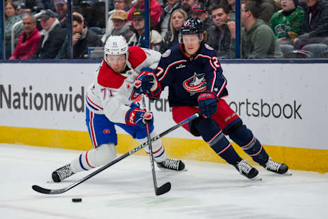 Nov 29, 2023; Columbus, Ohio, USA; Montreal Canadiens center Jake Evans. Mandatory Credit: Aaron Doster-USA TODAY Sports