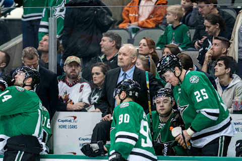 Jan 21, 2017; Dallas, TX, USA; Dallas Stars head coach Lindy Ruff and the Stars wait for the referees to review the goal by Washington Capitals center Jay Beagle (not pictured) during the overtime period at the American Airlines Center. Beagle’s goal is good and the Capitals defeat the Stars 4-3 in overtime. Mandatory Credit: Jerome Miron-USA TODAY Sports