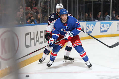 NEW YORK, NY – APRIL 05: Tony DeAngelo #77 of the New York Rangers skates with the puck against the Columbus Blue Jackets at Madison Square Garden on April 5, 2019 in New York City. (Photo by Jared Silber/NHLI via Getty Images)