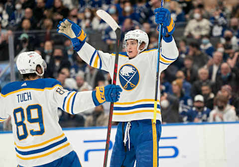 Mar 2, 2022; Toronto, Ontario, CAN; Buffalo Sabres right wing Tage Thompson (72) celebrates after scoring a goal with right wing Alex Tuch (89) during the second period against the Toronto Maple Leafs at Scotiabank Arena. Mandatory Credit: Nick Turchiaro-USA TODAY Sports