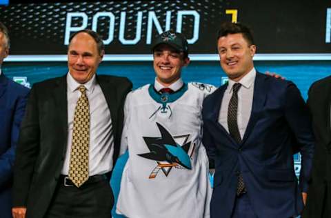 DALLAS, TX – JUNE 22: The San Jose Sharks draft Ryan Merkley in the first round of the 2018 NHL draft on June 22, 2018 at the American Airlines Center in Dallas, Texas. (Photo by Matthew Pearce/Icon Sportswire via Getty Images)