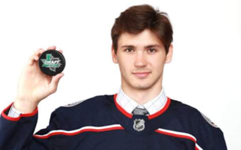 DALLAS, TX – JUNE 23: Kirill Marchenko poses after being selected 49th overall by the Columbus Blue Jackets during the 2018 NHL Draft at American Airlines Center on June 23, 2018 in Dallas, Texas. (Photo by Tom Pennington/Getty Images)