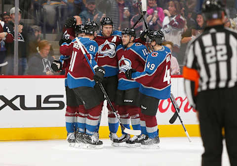 DENVER, CO – NOVEMBER 28: Team members celebrate a second period goal by Colorado Avalanche defenseman Erik Johnson (6) during a regular season game between the Colorado Avalanche and the visiting Pittsburgh Penguins on November 28, 2018 at the Pepsi Center in Denver, CO. (Photo by Russell Lansford/Icon Sportswire via Getty Images)