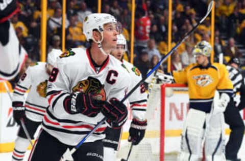 Mar 4, 2017; Nashville, TN, USA; Chicago Blackhawks center Jonathan Toews (19) after scoring during the second period against the Nashville Predators at Bridgestone Arena. Mandatory Credit: Christopher Hanewinckel-USA TODAY Sports