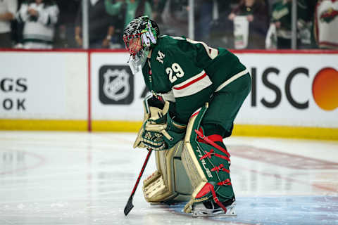 ST PAUL, MN – MAY 02: Marc-Andre Fleury #29 of the Minnesota Wild looks on before the start of Game One of the First Round of the 2022 Stanley Cup Playoffs against the St. Louis Blues at Xcel Energy Center on May 2, 2022 in St Paul, Minnesota. The Blues defeated the Wild 4-0 to take a 1-0 series lead. (Photo by David Berding/Getty Images)