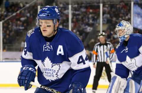 TORONTO, ON – JANUARY 1: Morgan Rielly #44 of the Toronto Maple Leafs looks on during the 2017 Scotiabank NHL Centennial Classic at Exhibition Stadium on January 1, 2017 in Toronto, Ontario, Canada. (Photo by Andre Ringuette/NHLI via Getty Images)