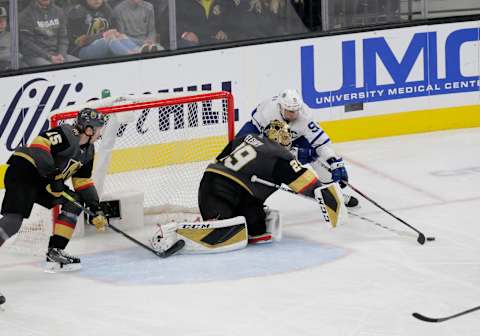 LAS VEGAS, NV – NOVEMBER 19: Vegas Golden Knights goaltender Marc-Andre Fleury (29) pokes at the puck during a regular season game against the Toronto Maple Leafs Tuesday, Nov. 19, 2019, at T-Mobile Arena in Las Vegas, Nevada. (Photo by: Marc Sanchez/Icon Sportswire via Getty Images)