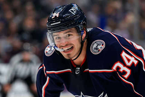 Apr 28, 2022; Columbus, Ohio, USA; Columbus Blue Jackets center Cole Sillinger (34) waits for the face-off against the Tampa Bay Lightning in the second period at Nationwide Arena. Mandatory Credit: Aaron Doster-USA TODAY Sports